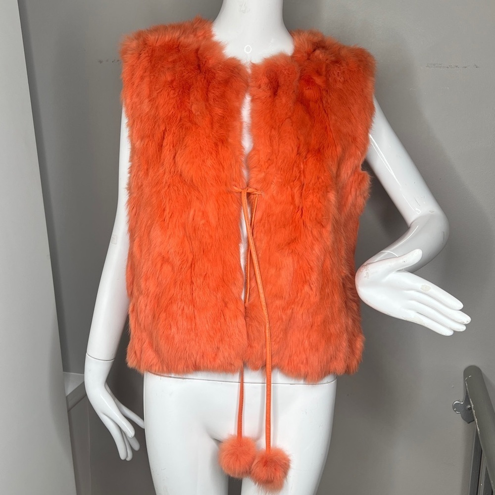 Natural Rabbit and Leather Sz L Orange Front Tie Vest Side Pockets Fully Lined